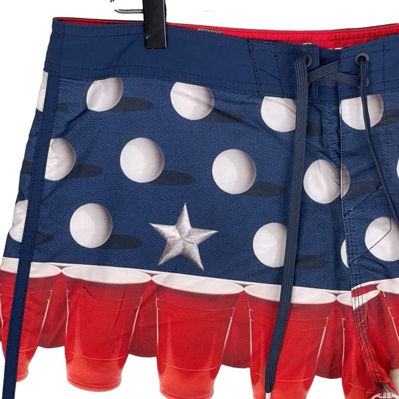 Oneill Hyperfreak Boardshorts Mens 33 x Beer Pong Print USA America Stretch Red - Picture 2 of 7